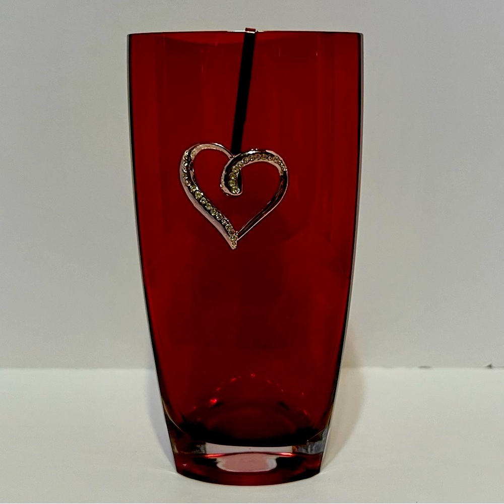 Ruby Red Triangular Vase With Heart "Jewelry", ~7" Tall